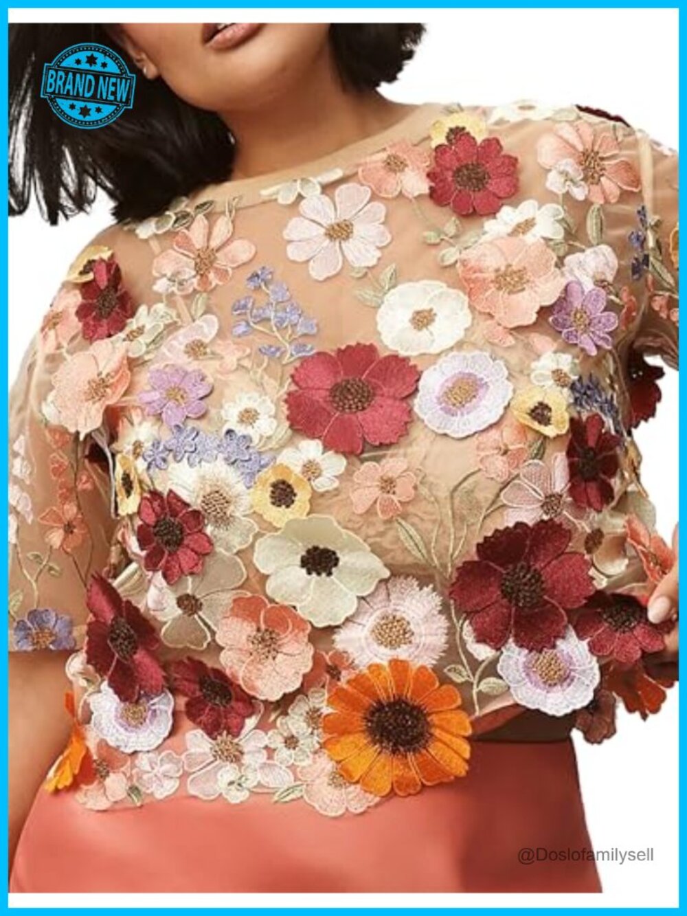 3D Floral Embroidered Sheer Lace Shirt Short Sleeve Top